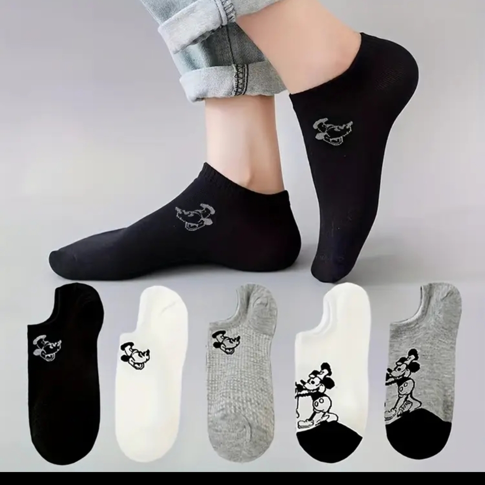 Mickey Mouse Cartoon Ankle Socks - Black, White, Gray